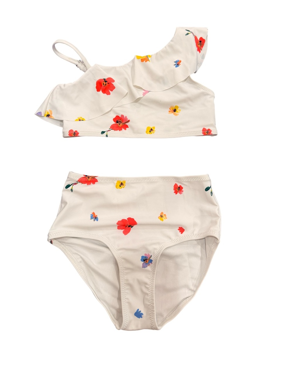 GAP Cream One-Shoulder Floral Ruffle Bikini with Red, Yellow & Blue Flowers